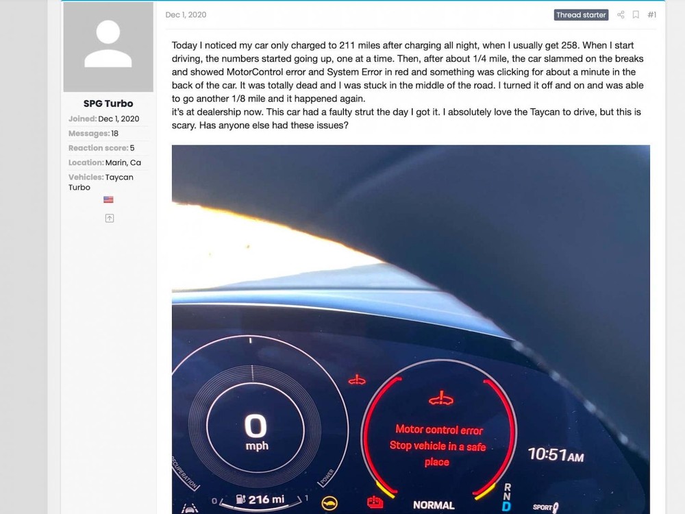 Một khách hàng sử dụng xe Porsche Taycan kể lại tình trạng của xe khi gặp lỗi và mất điện